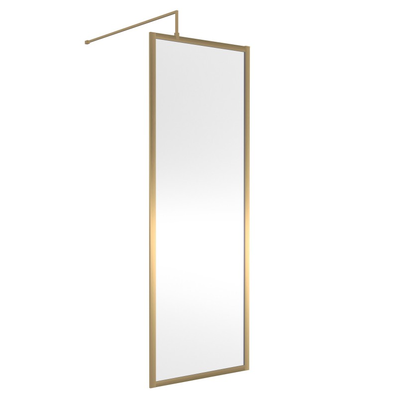 Full Outer Framed Wetroom Screen 700mm x 1850mm with Support Bar 8mm Glass - Brushed Brass