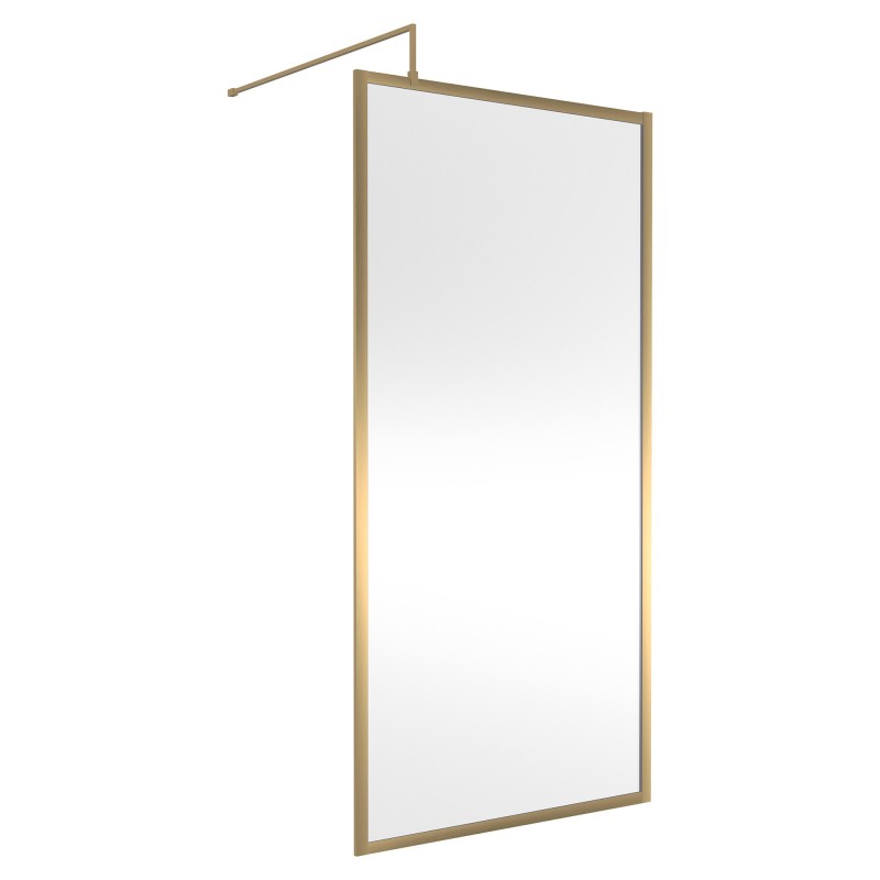Full Outer Framed Wetroom Screen 1000mm W x 1950mm H with Support Bar 8mm Glass - Brushed Brass