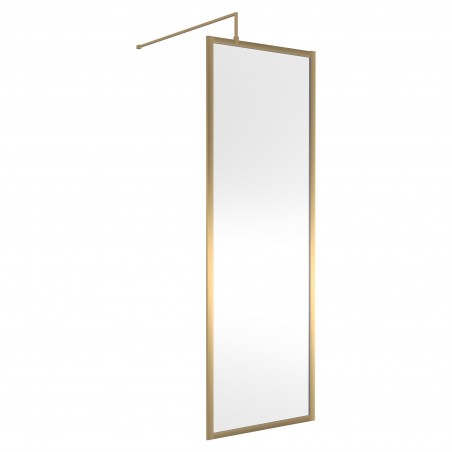 Full Outer Framed Wetroom Screen 700mm W x 1950mm H with Support Bar 8mm Glass - Brushed Brass