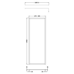 Full Outer Framed Wetroom Screen 700mm W x 1950mm H with Support Bar 8mm Glass - Brushed Brass - Technical Drawing