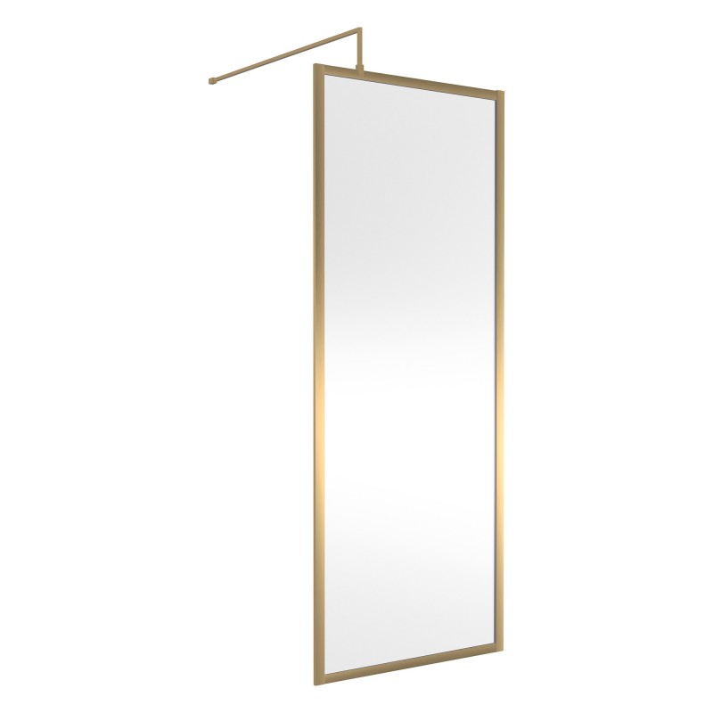 Full Outer Framed Wetroom Screen 800mm W x 1950mm H with Support Bar 8mm Glass - Brushed Brass