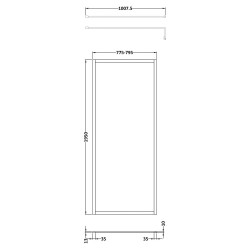 Full Outer Framed Wetroom Screen 800mm W x 1950mm H with Support Bar 8mm Glass - Brushed Brass - Technical Drawing