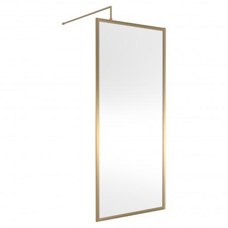 Full Outer Framed Wetroom Screen 900mm W x 1950mm H with Support Bar 8mm Glass - Brushed Brass