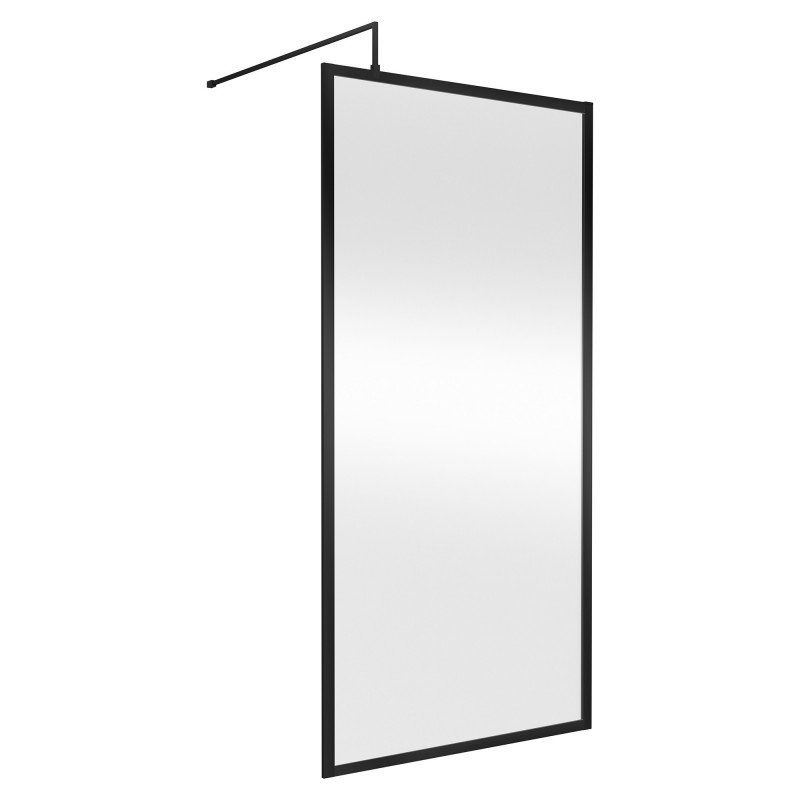 Full Outer Framed Wetroom Screen 1000mm W x 1950mm H with Support Bar 8mm Glass - Matt Black