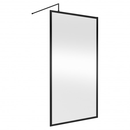 Full Outer Framed Wetroom Screen 1100mm W x 1950mm H with Support Bar 8mm Glass - Matt Black