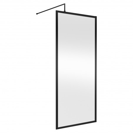 Full Outer Framed Wetroom Screen 900mm W x 1950mm H with Support Bar 8mm Glass - Matt Black