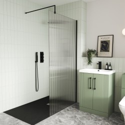 Matt Black Fluted Wetroom Glass Screen 800 x 1850 x 8mm - Insitu