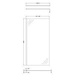 1000mm x 1950mm Wetroom Screen with Black Support Bar - Technical Drawing