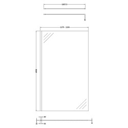 1200mm x 1950mm Wetroom Screen with Black Support Bar - Technical Drawing