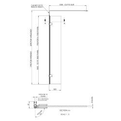 300mm x 1950mm Wetroom Hinged Return Screen with Black Fittings - Technical Drawing