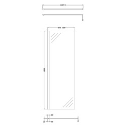 700mm x 1950mm Wetroom Screen with Black Support Bar - Technical Drawing