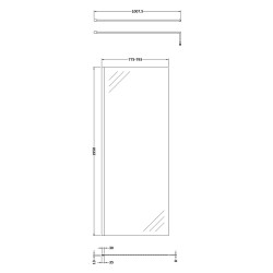800mm x 1950mm Wetroom Screen with Black Support Bar - Technical Drawing