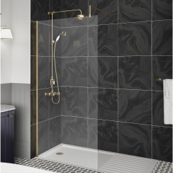 Brushed Brass Wetroom Screen with Support Bar 1100 x 1850 x 8mm - Insitu