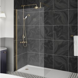 Brushed Brass Wetroom Screen with Support Bar 760 x 1850 x 8mm - Insitu