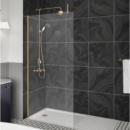 Brushed Brass Wetroom Screen with Support Bar 760 x 1850 x 8mm
