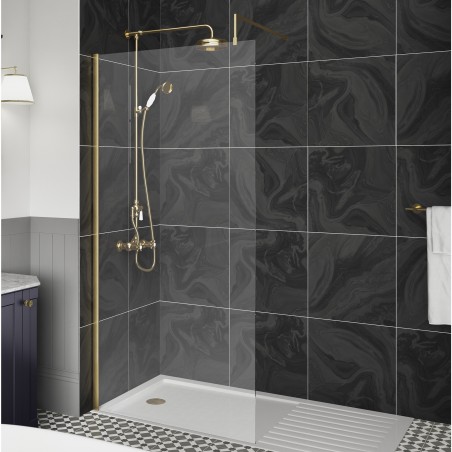 Brushed Brass Wetroom Screen with Support Bar 800 x 1850 x 8mm