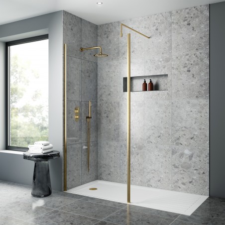 Brushed Brass Outer Framed Wetroom Screen with Support Bar 700 x 1850 x 8mm