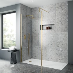 Brushed Brass Outer Framed Wetroom Screen with Support Bar 900 x 1850 x 8mm