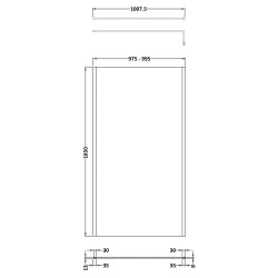 Matt Black Outer Framed Wetroom Screen with Support Bar 1000 x 1850 x 8mm - Technical Drawing