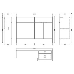 Fusion 1200mm Combination Vanity & Toilet Unit - Gloss White - Technical Drawing