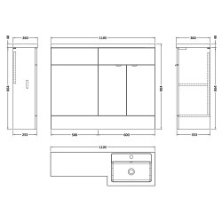 Fusion 1100mm Combination Vanity & Toilet Unit with Right Hand Basin - Charcoal Black Woodgrain - Technical Drawing