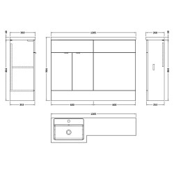 Fusion 1200mm Combination Vanity & Toilet Unit with Left Hand Basin - Charcoal Black Woodgrain - Technical Drawing