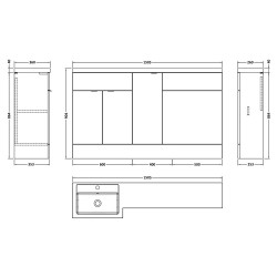 Fusion 1500mm Combination Vanity, Toilet and Storage Unit with Left Hand Basin - Charcoal Black Woodgrain - Technical Drawing