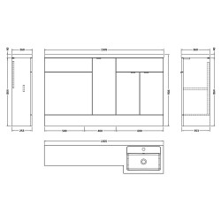 Fusion 1500mm Combination Vanity, Toilet and Storage Unit with Right Hand Basin - Charcoal Black Woodgrain - Technical Drawing