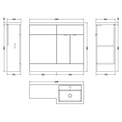 Fusion 1000mm Combination Vanity & Toilet Unit with Right Hand Basin - Charcoal Black Woodgrain - Technical Drawing