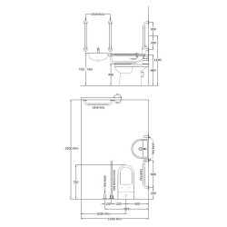 Disabled Bathroom Toilet, Basin and Grab Rails - Blue - Technical Drawing