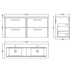 Juno 1200mm Wall Hung 4 Door Vanity With Double Ceramic Basin - Coastal Grey - Technical Drawing