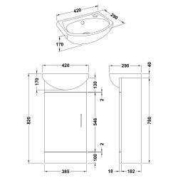 Mayford 420mm Unit & Semi-Recessed Basin - Technical Drawing