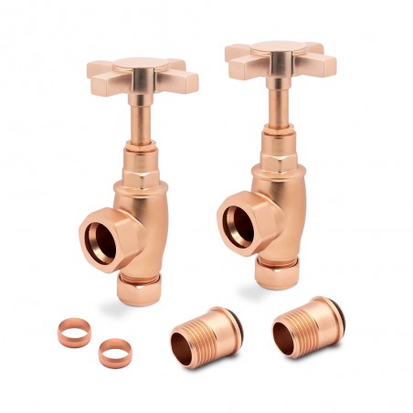 Angled Brushed Copper Cross Head Traditional Radiator Valves