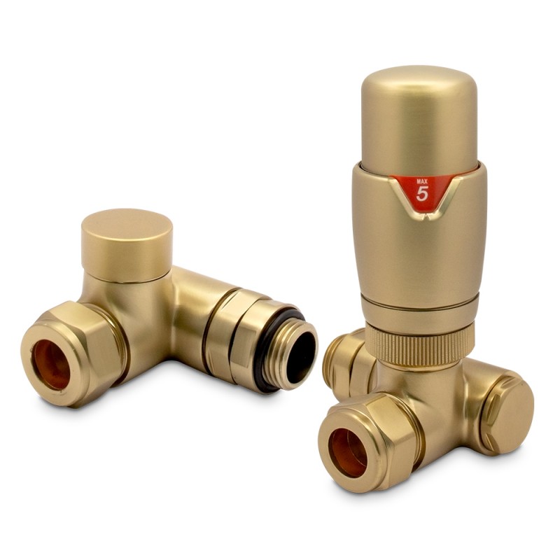 Brushed Brass Thermostatic Dual Fuel Radiator Valves Set Brushed Brass Thermostatic Dual Fuel Radiator Valves Set