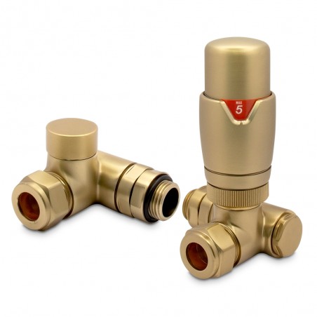 Brushed Brass Thermostatic Dual Fuel Radiator Valves Set