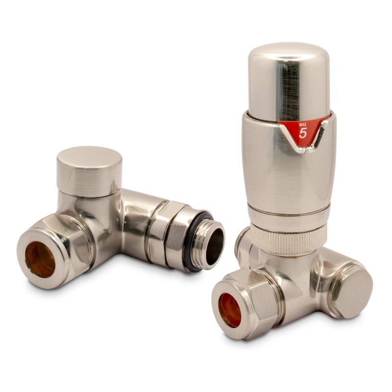Brushed Nickel Thermostatic Dual Fuel Radiator Valves Set Brushed Nickel Thermostatic Dual Fuel Radiator Valves Set