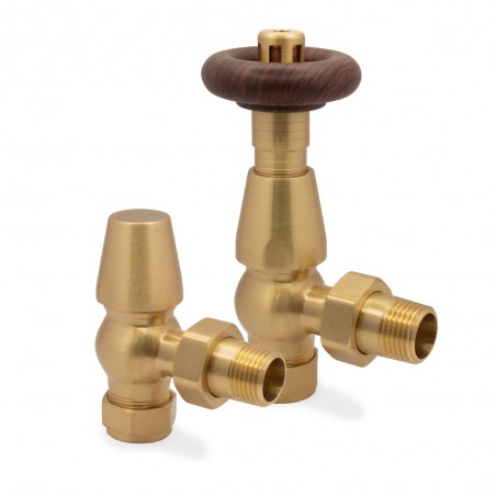 Brushed Brass Rose Traditional Thermostatic Radiator Valves Angled