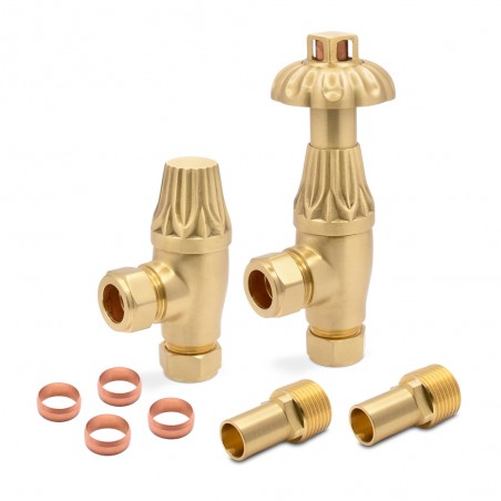 Brushed Brass Mason Traditional Thermostatic Radiator Valves Angled