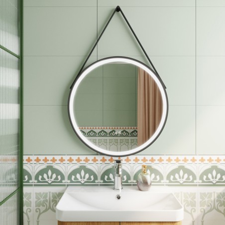 Black 600mm Round LED Bathroom Mirror with Strap