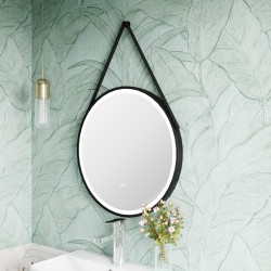 Black 600mm Round LED Bathroom Mirror with Strap - Insitu