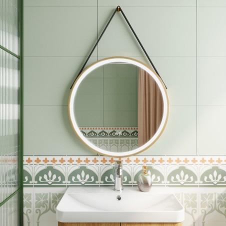 Brushed Brass 600mm Round LED Bathroom Mirror with Strap