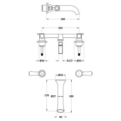 Wall Mount 3 Tap Hole Basin Tap Hex Lever - Technical Drawing