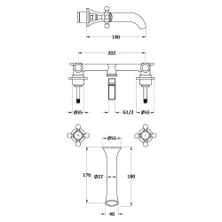 Wall Mount 3 Tap Hole Basin Tap Hex Crosshead - Technical Drawing