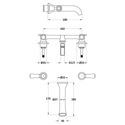 Wall Mount 3 Tap Hole Basin Tap Dome Lever - Technical Drawing