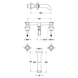 Wall Mount 3 Tap Hole Basin Tap Dome Crosshead - Technical Drawing