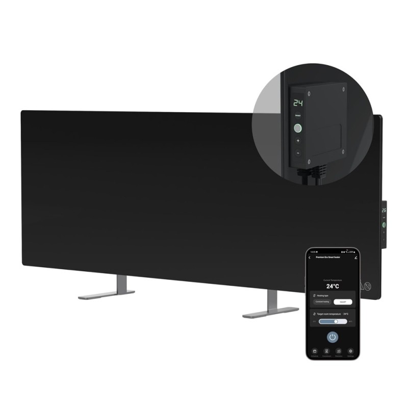 AENO 700W Smart Wifi Black Glass Infrared Horizontal or Vertical Panel Heater - closeup