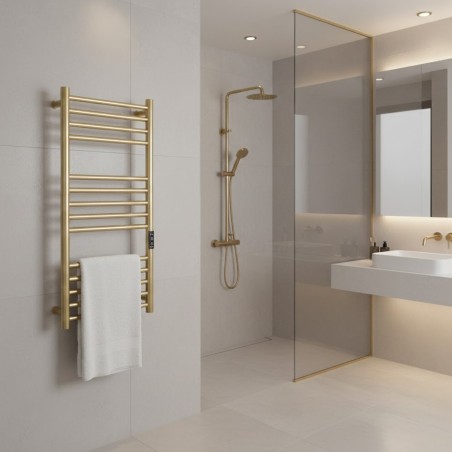 Tubo Brushed Brass Stainless Steel Round Bar Dry Electric Towel Rail - 400 x 800mm