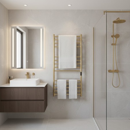 Tubo Brushed Brass Stainless Steel Round Bar Dry Electric Towel Rail - 600 x 1100mm