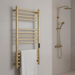Tubo Brushed Brass Stainless Steel Round Bar Dry Electric Towel Rail - 400 x 800mm