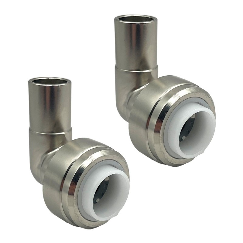 15mm Push-fit to 15mm Compression Pipe Elbow 90 Degree Angled Fittings (Pair) -  Brushed Nickel